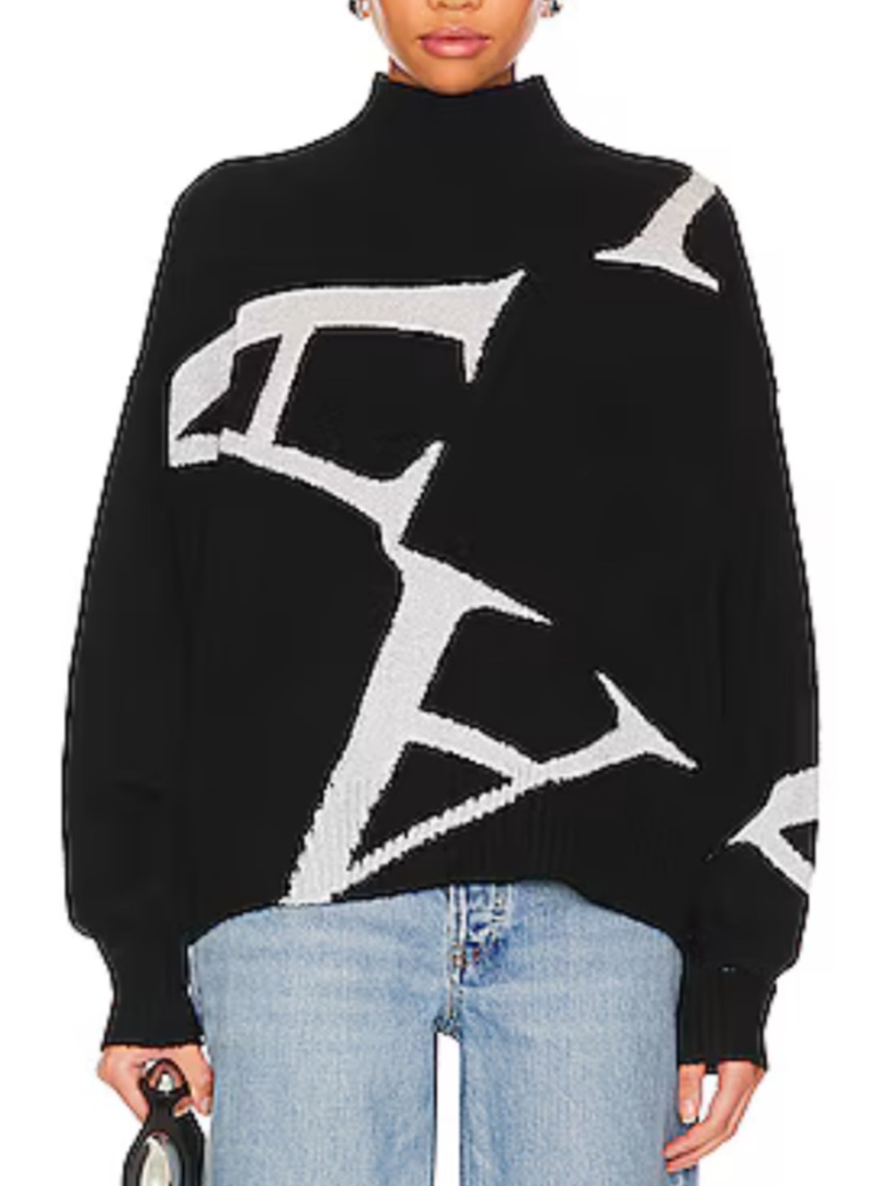 Allsaints Graphic Logo Jacquard Knit Mock Neck Sweater Black White Size L - Picture 3 of 15